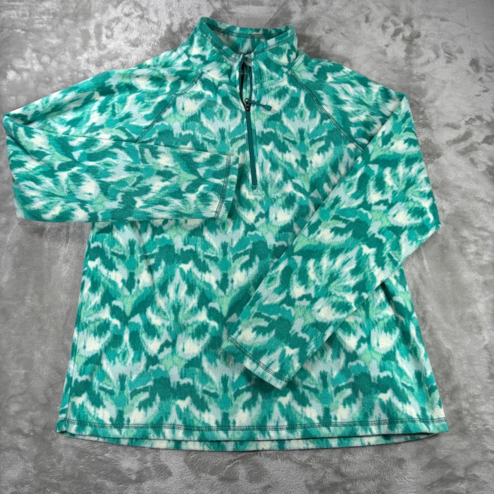 Eddie Bauer Womens Fleece Pullover Quarter Zip Teal Green Abstract Print Large‎